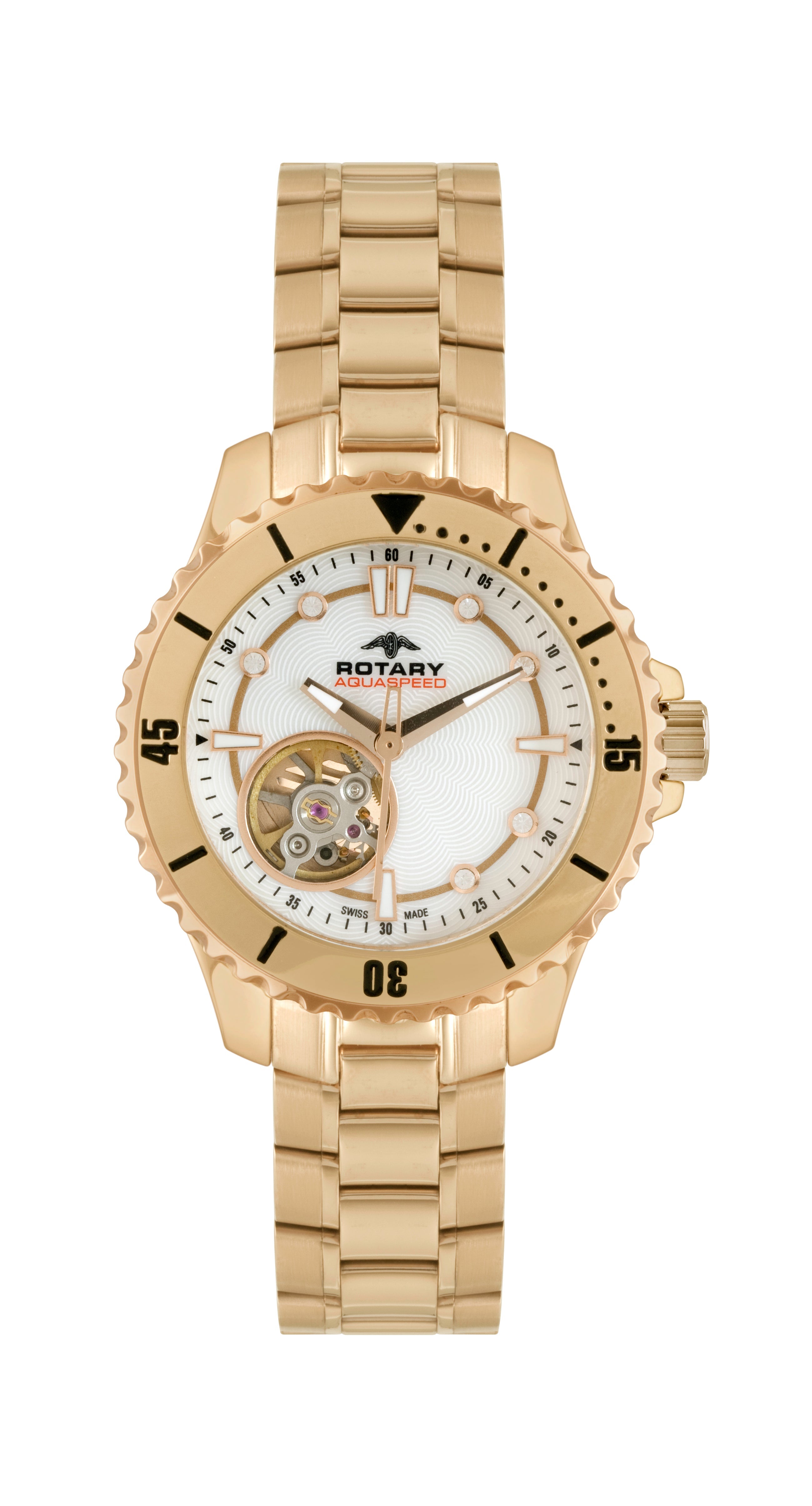 Rotary ladies aquaspeed watch in gold with a white dial