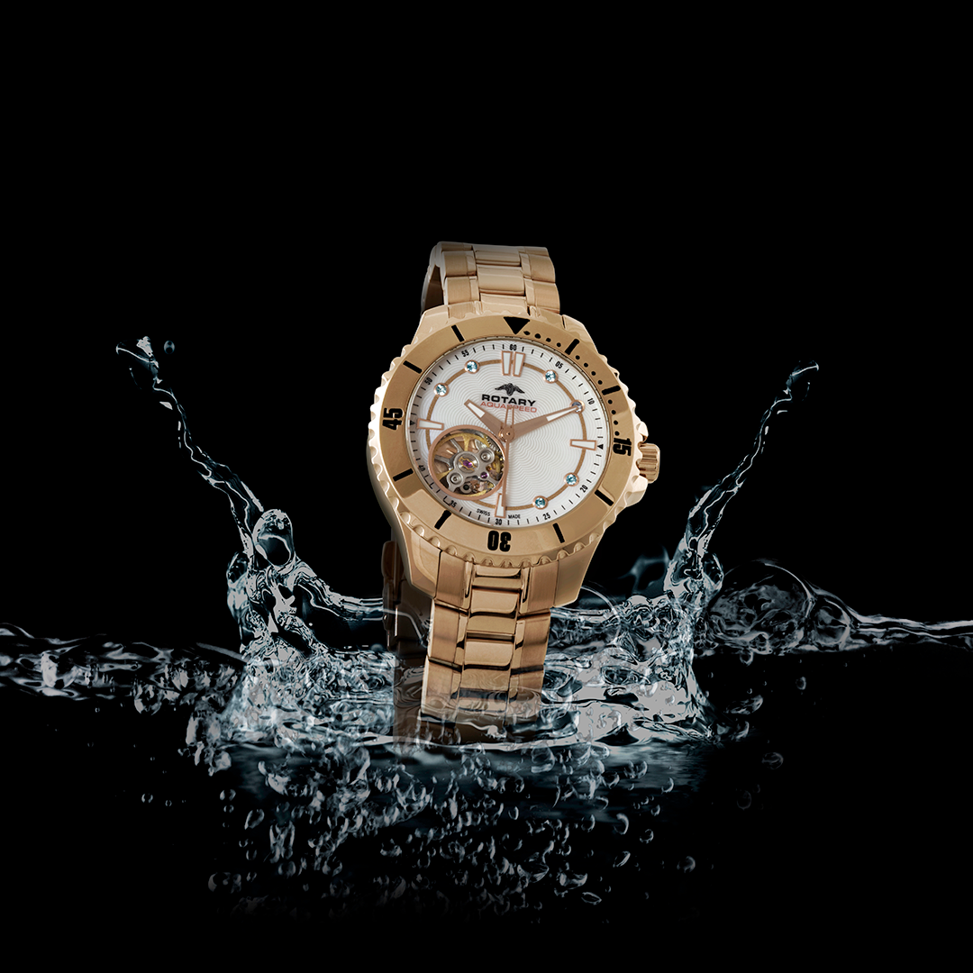 Rotary ladies aquaspeed watch in gold with a white dial