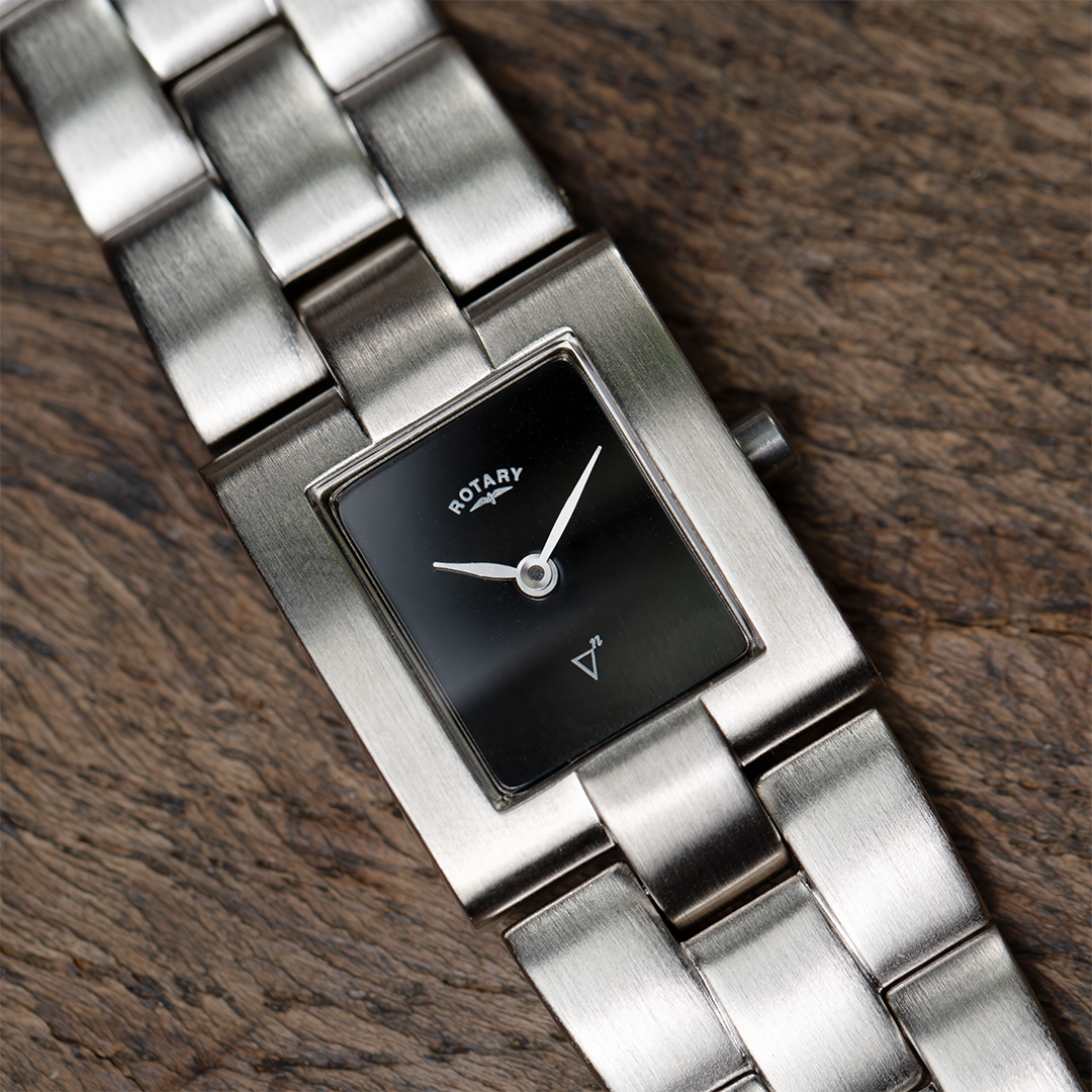 Rotary ladies prism watch in stainless steel with a black dial and two hands