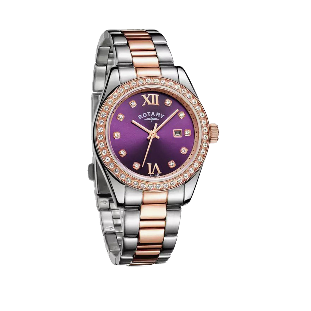 Rotary watch with a two-tone metal band and purple dial on a white background