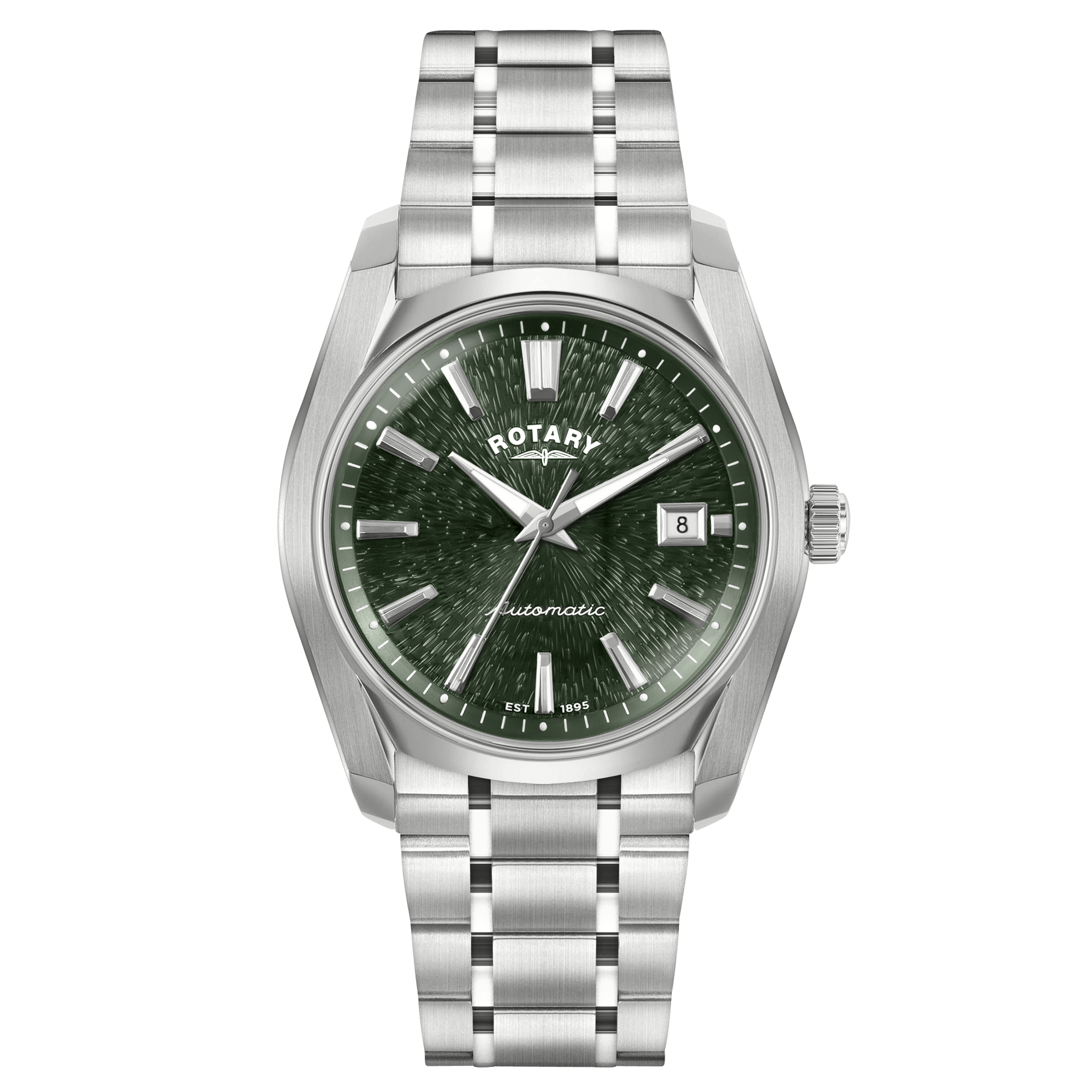Rotary watch with silver bracelet and green dial on a white background