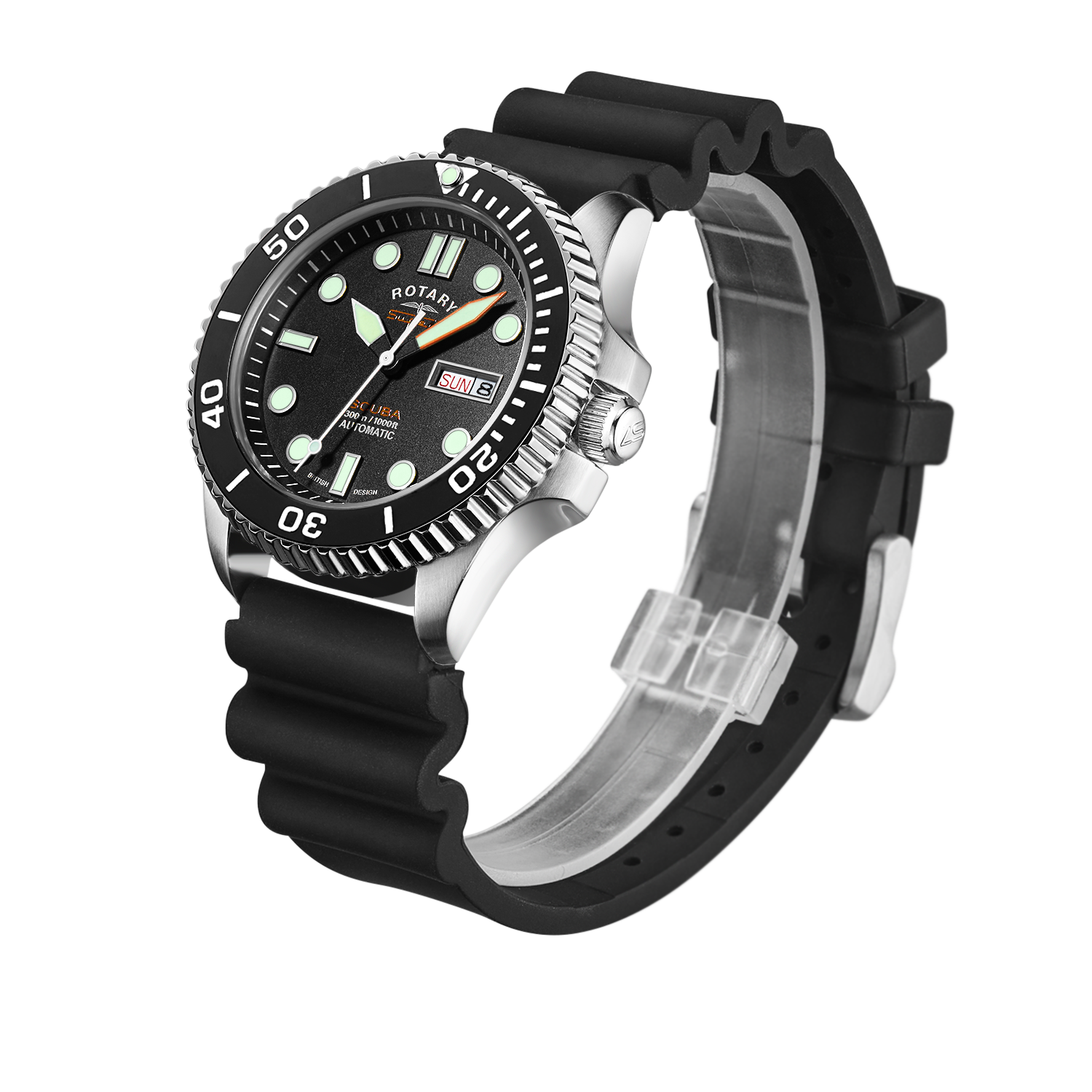Stainless steel Rotary SUPER7 watch with black bezel and black dial with a black dive strap
